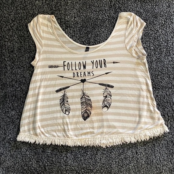Follow Your Dreams Bohemian Striped Distressed Beige Top Size M - Picture 1 of 4